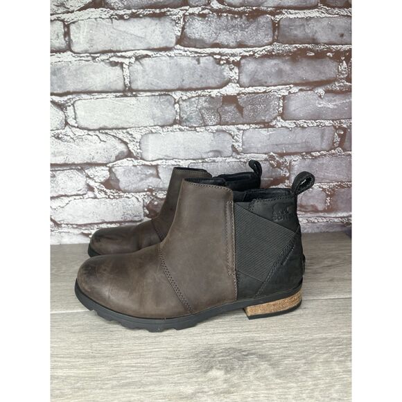 Sorel Emelie Brown Leather Ankle Boots Chelsea Wedge Booties Women 7.5M US/38.5 - Picture 1 of 16